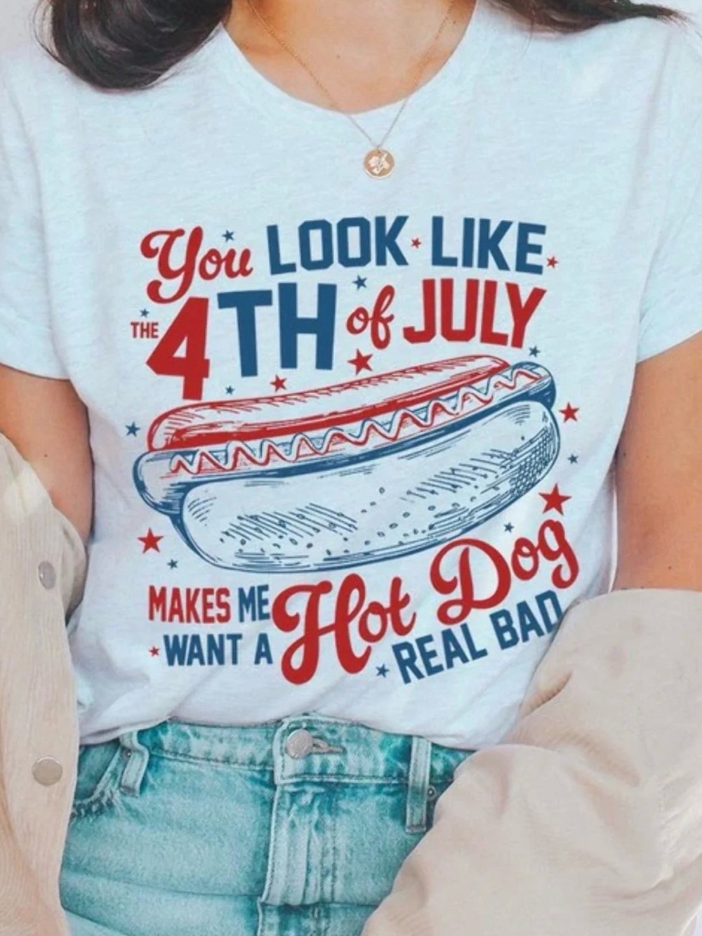 Source Unknown White Tee with Red & Blue 4th of July Hot Dog Graphic